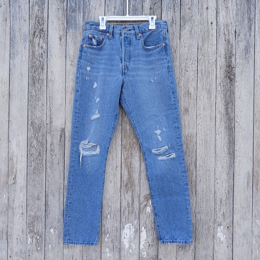 Levis 501 S Skinny High Rise Button Fly Distressed Blue Denim Jeans Women Sz 25‎